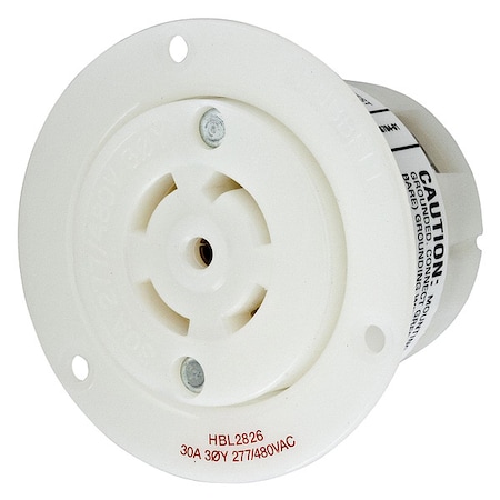 Hubbell Wiring Device-Kellems Flanged Locking Receptacle, L22-30R, 30 A, 277/480V AC, Three Phase, 4 Pole, Flush Mount, White HBL2826