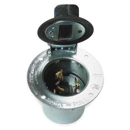 Hubbell Wiring Device-Kellems Flanged Locking Inlet, Non-NEMA, 50 A, 250/600V AC, Three Phase, 3 Pole, Flush Mount, Silver HBL3768