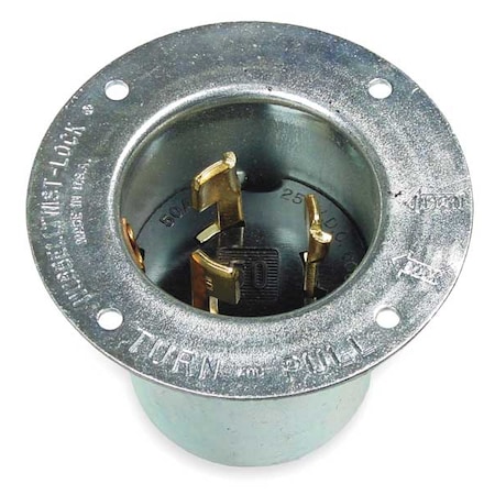 Hubbell Wiring Device-Kellems Flanged Locking Inlet, Non-NEMA, 50 A, 250/600V AC, Three Phase, 3 Pole, Flush Mount, Silver HBL3775