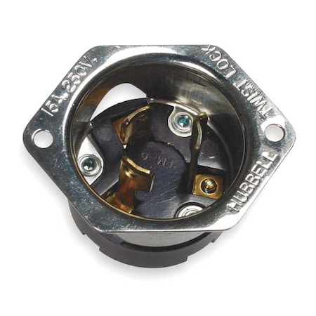 Hubbell Wiring Device-Kellems Flanged Locking Inlet, 15 A, 250V AC, Single Phase, 2 Pole, Flush Mount, Screw Terminals, Black HBL4586
