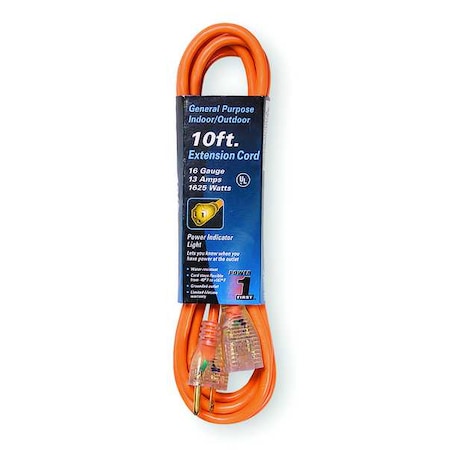 Zoro Select SJTW Outdoor Extension Cord, 16 AWG 1 Outlet, 5-15R, Orange, PVC, 5-15P, 10ft 3EA97