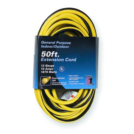 Zoro Select SJTW Outdoor Extension Cord, 12 AWG 1 Outlet, 5-15R, Yellow/Black, PVC, 5-15P 3EB10