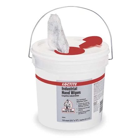 Loctite Hand Wipes, 130 Wipes Per Bucket, 9.5 in x 12 in, White 337638