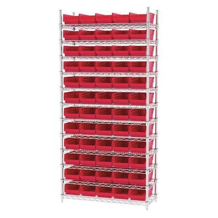 Akro-Mils Steel Wire Bin Shelving, 36 in W x 74 in H x 14 in D, 12 Shelves, Silver/Red AWS143630130R