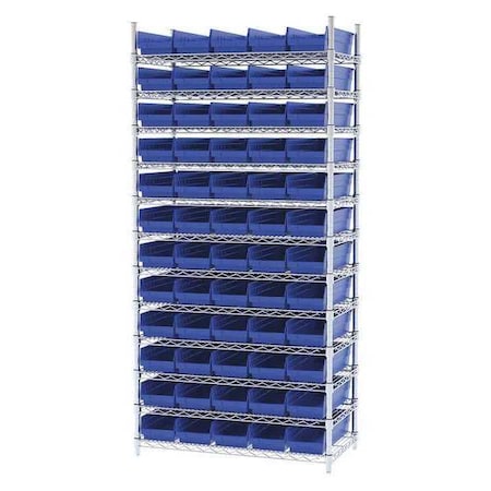 Akro-Mils Steel Wire Bin Shelving, 36 in W x 74 in H x 18 in D, 12 Shelves, Silver/Blue AWS183630138B
