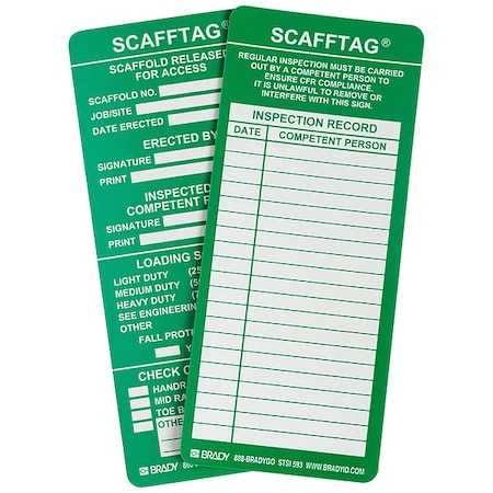 Brady Tag, Maintenance, Polyester, 7 5/8 in H x 3 1/8 in W, Green on White, Rectangle, 100 PK SCAF-STSI593