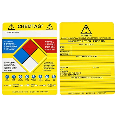 Brady Tag, Chemical, Gas, or Hazardous Materials, Plastic, 5 3/4 in H x 7 5/8 in W, Rectangle, 100 PK CHEM-CTI502