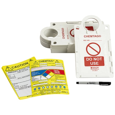 Brady Tag, Caution, 11 1/4 in H x 6 in W, White, Rectangle, 10 PK CHEM-CTSH