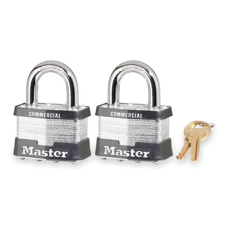 Master Lock Padlocks, Keyed Alike, Standard Shackle, Rectangular Steel Body, Steel Shackle, 15/16 in W, 2 PK 5TCOM