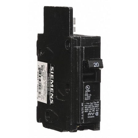 Siemens Miniature Circuit Breaker, BQ Series, 20A, 1 Pole, 120V AC, 10kA at 120V AC BQ1B020