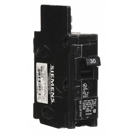 Siemens Miniature Circuit Breaker, BQ Series, 30A, 1 Pole, 120V AC, 10kA at 120V AC BQ1B030