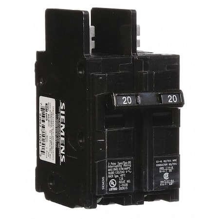 Siemens Miniature Circuit Breaker, BQ Series, 20A, 2 Pole, 120/240V AC, 10kA at 120/240V AC BQ2B020
