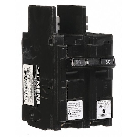 Siemens Miniature Circuit Breaker, BQ Series, 50A, 2 Pole, 120/240V AC, 10kA at 120/240V AC BQ2B050