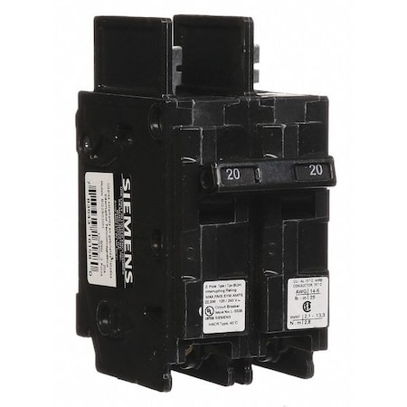 Siemens Miniature Circuit Breaker, BQH Series, 20A, 2 Pole, 120/240V AC, 22kA at 120/240V AC BQ2B020H