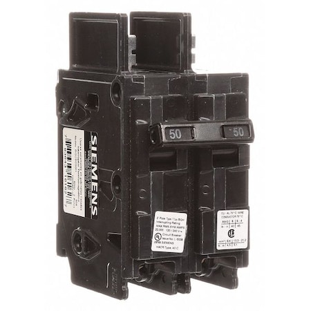 Siemens Miniature Circuit Breaker, BQH Series, 50A, 2 Pole, 120/240V AC, 22kA at 120/240V AC BQ2B050H