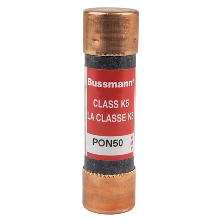 EATON BUSSMANN Fuse, Time Delay, 50 A, PON Series, 250V AC, Not Rated, 76.2mm L x 20.6mm dia PON50