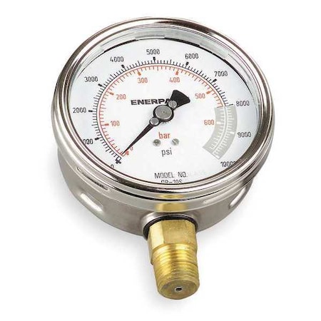 ENERPAC Pressure Gauge, 0 to 10,000 psi, 1/2 in NPTF, Stainless Steel, Silver GP10S