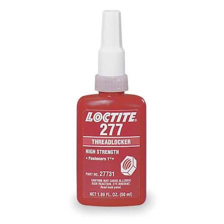 Loctite Threadlocker, LOCTITE 277, Red, High Strength, Liquid, 50 mL Bottle 88448