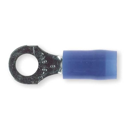 Sta-Kon Ring Terminal, #8 Stud Size, 14 AWG, 600 V, Nylon Insulated, Blue, Crimp Termination Only, 100 PK RB14-8