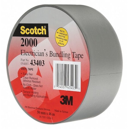 3M Electrical Tape, Vinyl, Gray, 50 yd L, 2 in W 2000