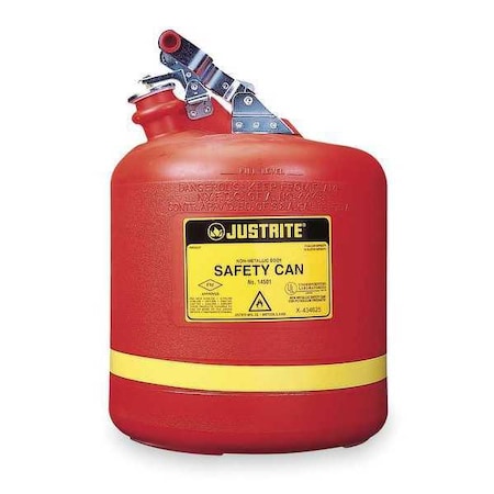 Justrite Type I Safety Can, Polyethylene, 5 gal, Stainless Steel Hardware, Red, Flammable Corrosives 14561