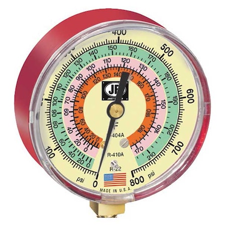 Jb Industries Gauge, 3-1/8 In Dia, High Side, Red, 800 psi M2-825