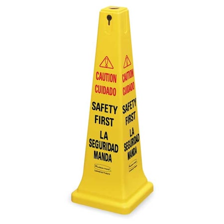 Rubbermaid Commercial Safety Cone, 36 in Height, 12 1/4 in Width, HDPE, Cone, English, Spanish FG627687YEL