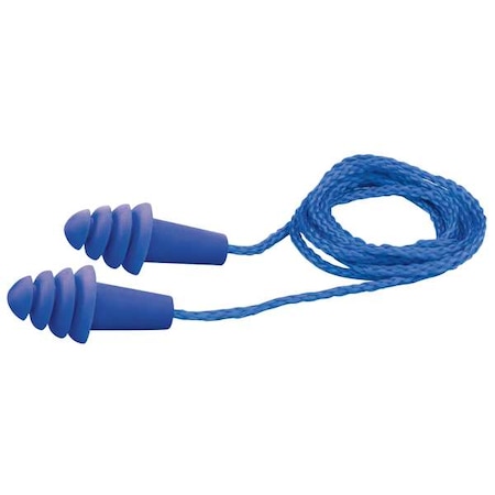 Deltaplus Quattro(TM) Reusable Rubber Vinyl Ear Plugs, Flanged Shape, 25 dB, Blue, 100 PK EP-411