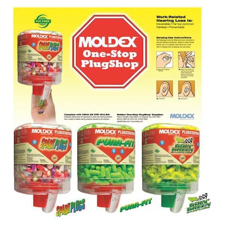Moldex One-Stop Plugshop Ear Plugs with Dispenser, Foam, Bullet, 33 dB NRR, Uncorded, 750 Pairs Per Pkg 0604