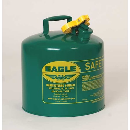 Eagle Mfg Type I Safety Can, Galvanized Steel, 2 gal, Green, Self-Closing Lid, 11.25 in Dia., Combustibles UI20SG