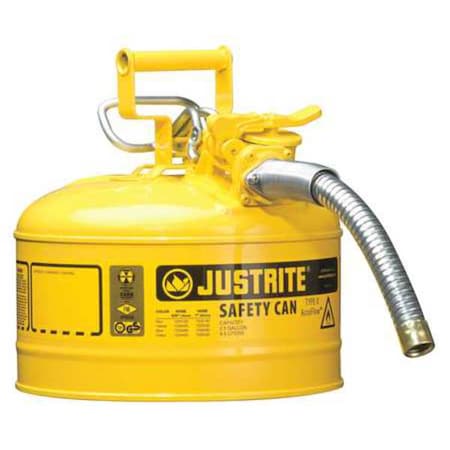 Justrite Type II Safety Can, AccuFlow(TM), Galvanized Steel, 1 gal, 5/8 in Metal Hose, Yellow, Diesel 7210220