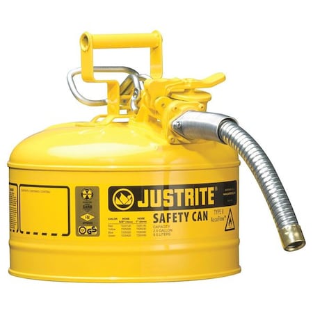 Justrite Type II Safety Can, AccuFlow(TM), Galvanized Steel, 2.5 gal, 1 in Metal Hose, Yellow, Diesel 7225230