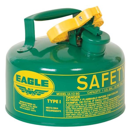 Eagle Mfg Type I Safety Can, Galvanized Steel, 1 gal, Green, 9 in Dia., Self-Closing Lid, Combustibles UI10SG