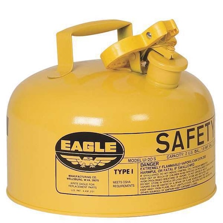 Eagle Mfg Type I Safety Can, Galvanized Steel, 2 gal, Self-Closing Lid, Yellow, 9 in Dia., Diesel UI20SY