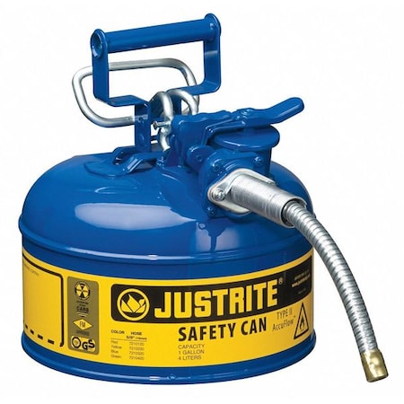 Justrite Type II Safety Can, AccuFlow(TM), Galvanized Steel, 1 gal, 5/8 in Metal Hose, Blue, Kerosene 7210320