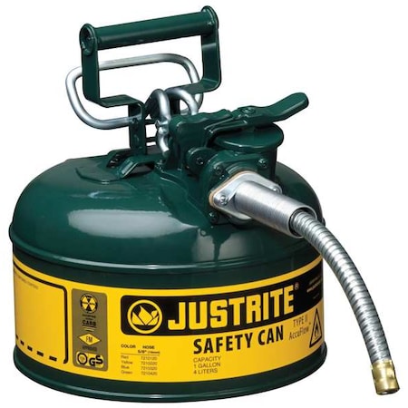 Justrite Type II Safety Can, AccuFlow(TM), Galvanized Steel, 1 gal, 5/8 in Metal Hose, Green, Combustibles 7210420