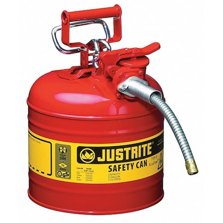 Justrite Type II Safety Can, AccuFlow(TM), Galvanized Steel, 2 gal, 5/8 in Metal Hose, Red, Flammables 7220120