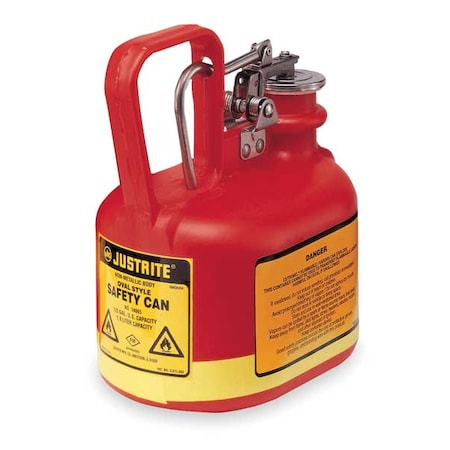 Justrite Type I Safety Can, Polyethylene, 1/2 gal, Stainless Steel Fitting, Oval, Red, Corrosives 14065