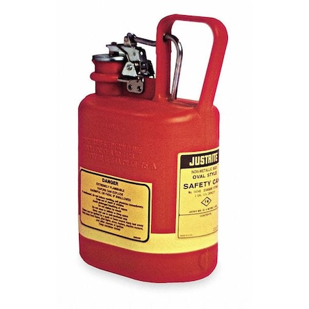 Justrite Type I Safety Can, Polyethylene, 1 gal, Stainless Steel Hardware, Oval, Red, Corrosives 14160