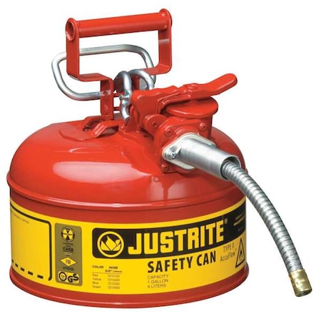 Justrite Type II Safety Can, AccuFlow(TM), Galvanized Steel, 1 gal, 5/8 in Metal Hose, Red, Flammables 7210120
