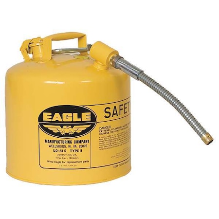 Eagle Mfg Type II Safety Can, Galvanized Steel, 5 gal, 7/8 in Flexible Metal Hose, Yellow, Diesel U251SY