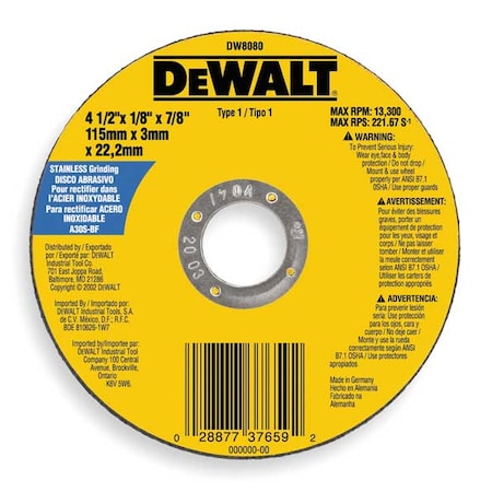 Dewalt Abrasive Cut-Off Wheel, Type 1, 4 1/2 in Dia, 0.0938 in Thick, 7/8 in Arbor Hole Size, 30 Grit DW8080