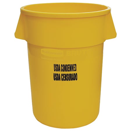 Rubbermaid Commercial 44 gal. Round Trash Can, Yellow, 27 in Dia, None, Polyethylene FG264346YEL