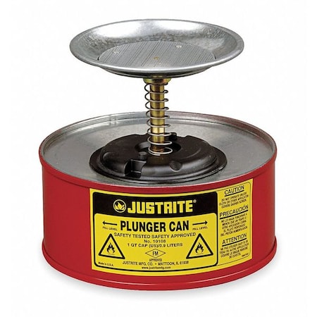 Justrite Plunger Can, 1 Quart Can Capacity, Galvanized Steel, 5 in Dasher Plate Diameter, Red, FM Approved 10108