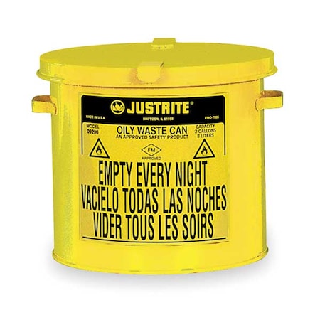 Justrite Oily Waste Can, 2 gal, Yellow, Steel, 9 1/8 in Height, Hand Operated Self-Closing 09200Y
