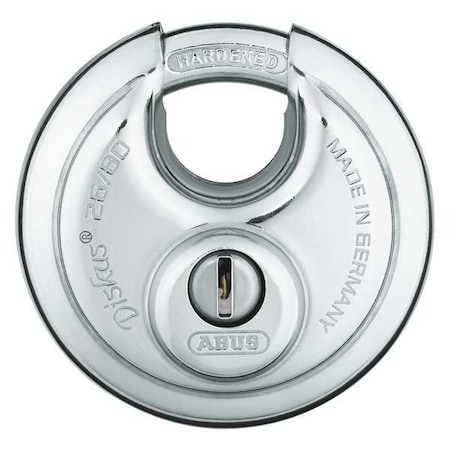 Abus Padlock, Keyed Different, Partially Hidden Shackle, Disc Stainless Steel Body, Steel Shackle 26/80 KD