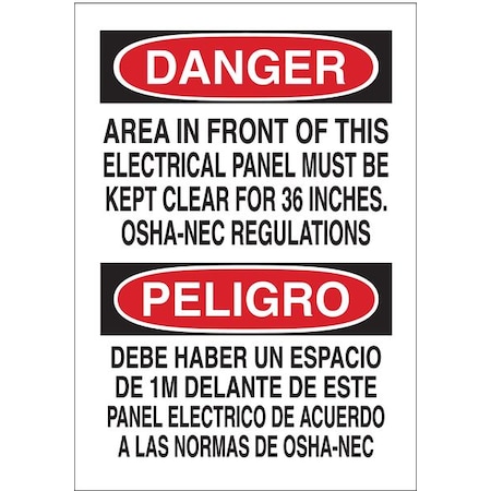 Brady Danger/Peligro, Area In Front Of This Electrical Panel Must Be Kep, 10" W x 14" H, Rectangle 38676