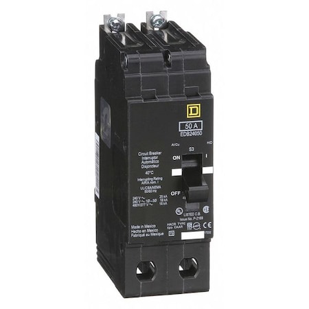 Square D Miniature Circuit Breaker, E FRAME Series, 50A, 2 Pole, 277/480V AC, 25kA at 120V AC EDB24050