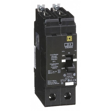 Square D Miniature Circuit Breaker, E FRAME Series, 20A, 2 Pole, 277/480V AC, 25kA at 120V AC EDB24020