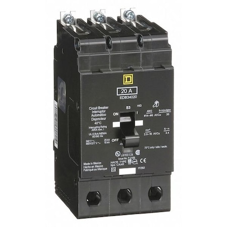 Square D Miniature Circuit Breaker, E FRAME Series, 20A, 3 Pole, 277/480V AC, 25kA at 120V AC EDB34020
